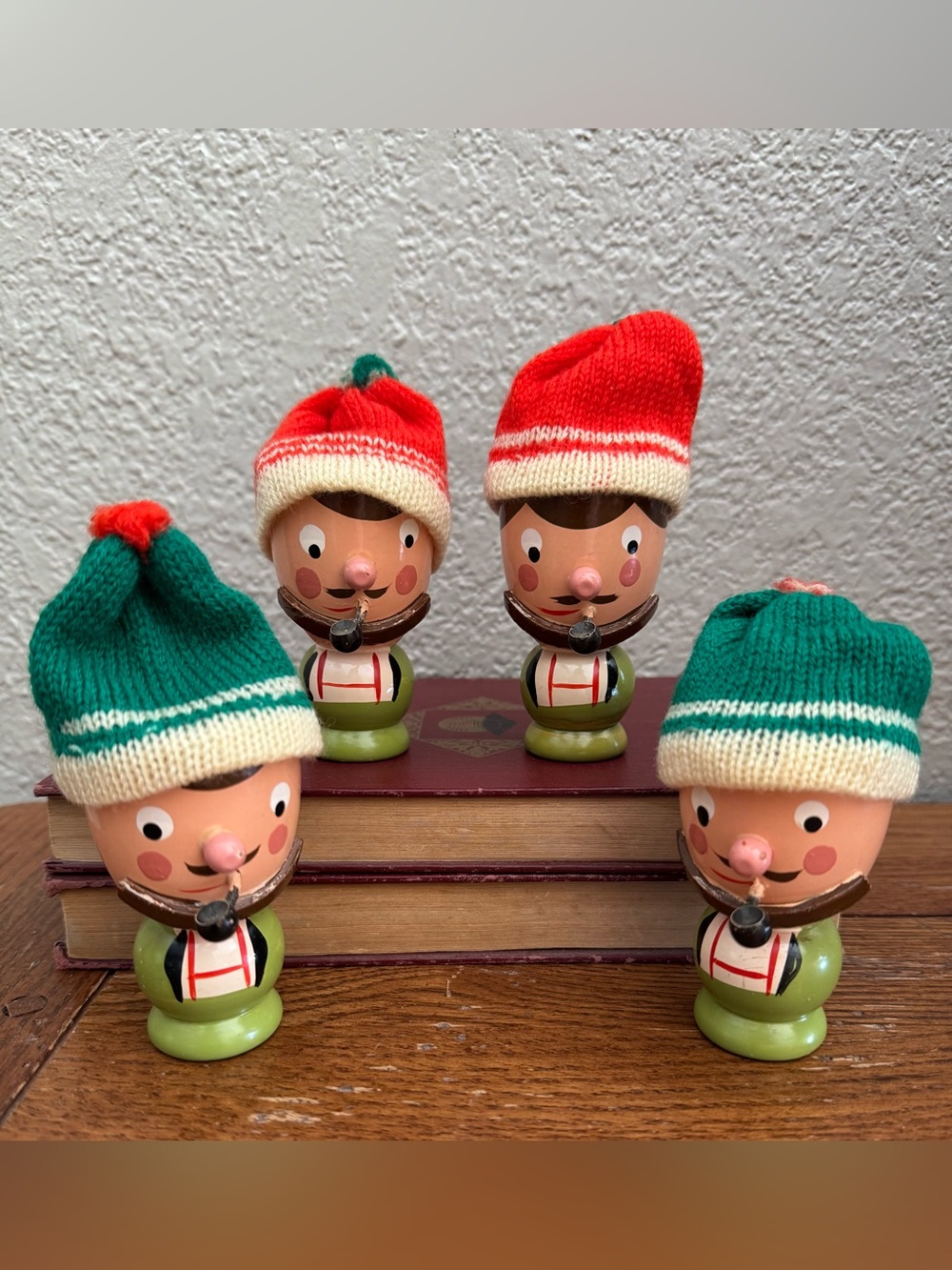 Vintage Sevi Italian Hand Painted Egg Cups with Pipes/Knit Caps-Set of 4